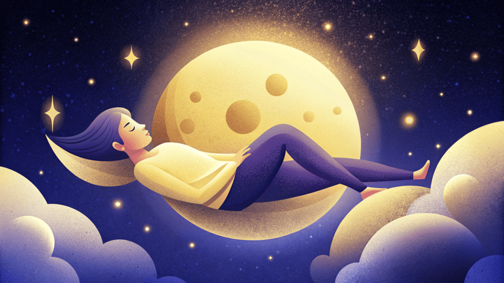 Illustration d'une personne allongée paisiblement sur un croissant de lune doré, avec une pleine lune en arrière-plan et des nuages dans un ciel étoilé