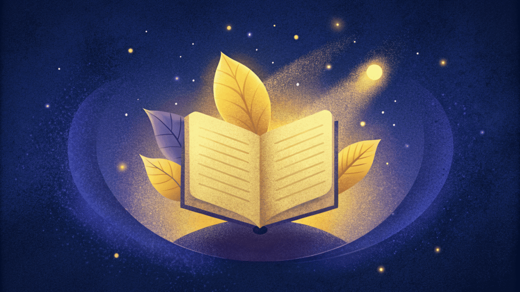 Illustration d'un livre ouvert doré entouré de feuilles, flottant dans un ciel nocturne étoilé bleu avec des nuages