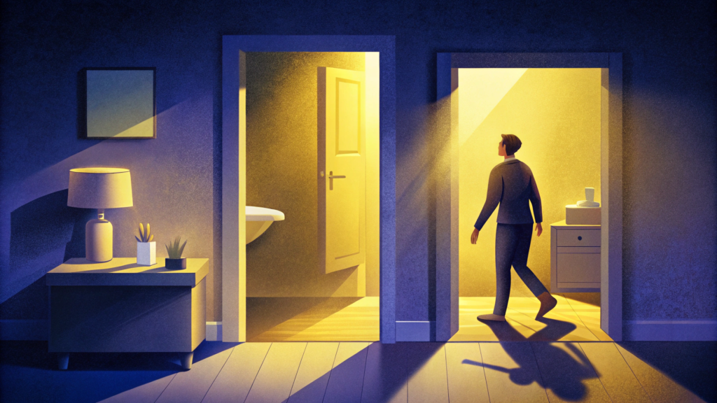 Personne se levant la nuit pour aller aux toilettes, traversant une chambre plongée dans l'obscurité vers une salle de bain éclairée