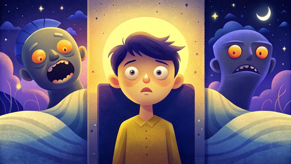 Illustration en trois panneaux représentant les différences entre cauchemar, terreur nocturne et paralysie du sommeil