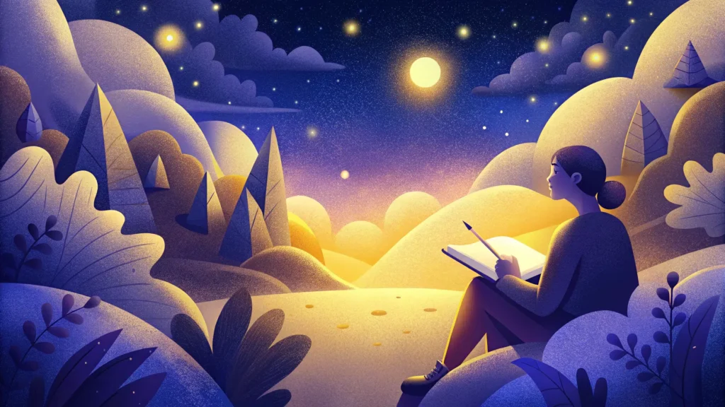 Personne écrivant dans un journal sous un ciel étoilé, entourée de collines oniriques