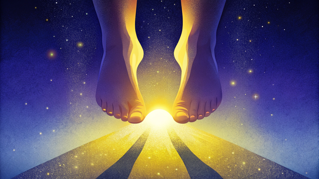 Illustration de pieds vus d'en bas avec une lumière dorée émanant entre eux, sur un ciel étoilé bleu-violet