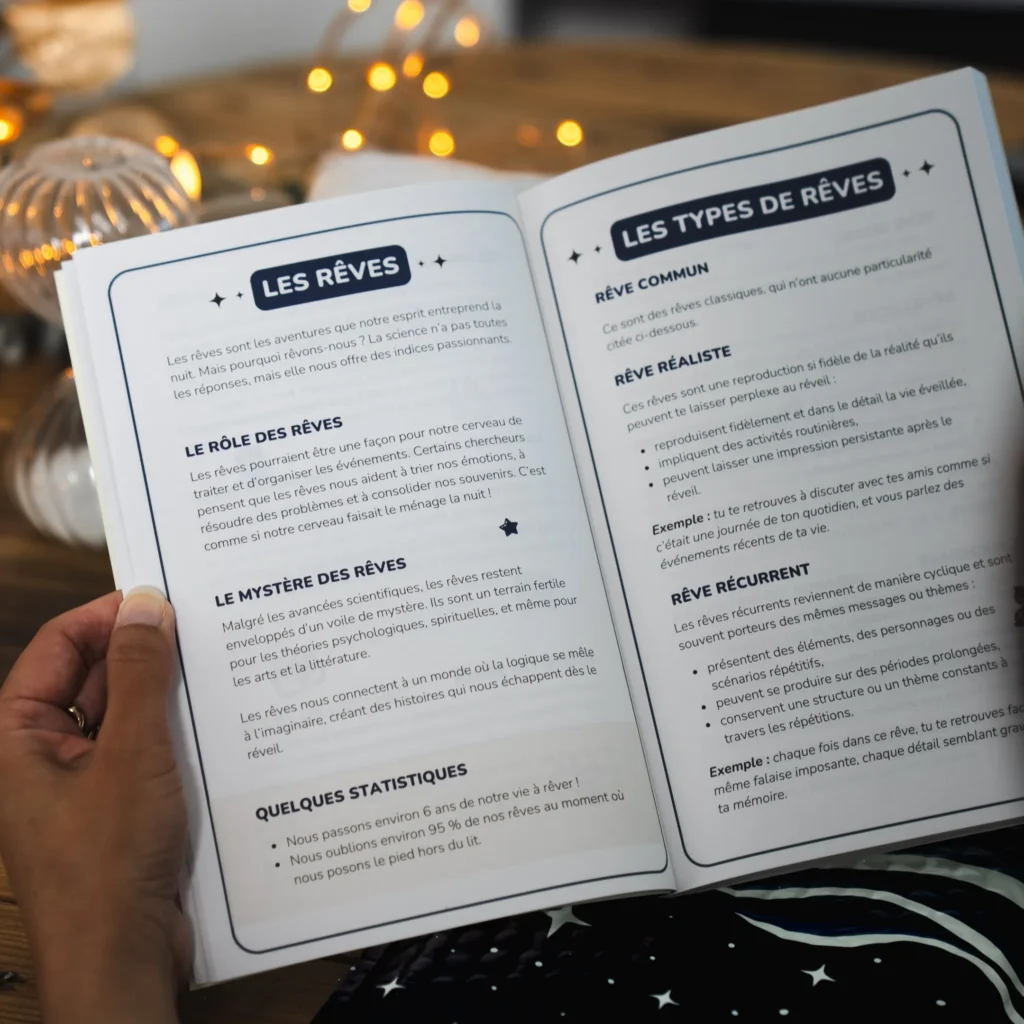Pages informatives du Journal de Rêves expliquant le rôle des rêves, les différents types comme rêves réalistes et récurrents, et statistiques sur le sommeil