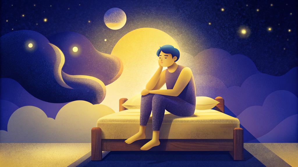 Personne assise sur un lit dans une atmosphère nocturne, entourée de nuages et d'étoiles, l'air pensif au réveil