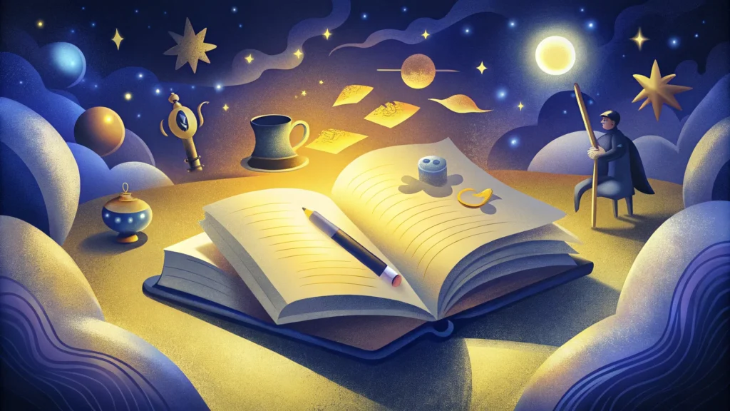 Journal de rêves ouvert avec un stylo, entouré d'éléments oniriques comme des étoiles, une lune et des objets symboliques, dans une ambiance bleu nuit et dorée.